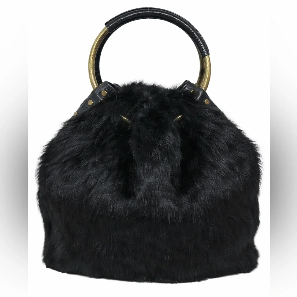 Vintage Adrienne Vittadini Black Black Double Handle Rabbit Fur Handbag Purse